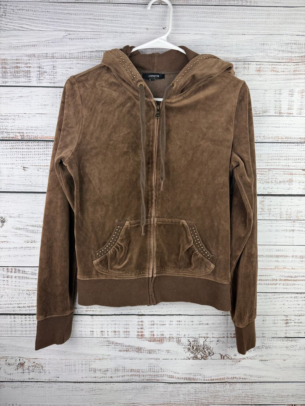 Y2K Express Brown Velour Zip Up Sweatshirt Track Suit Studded Preppy 2000 Hooded